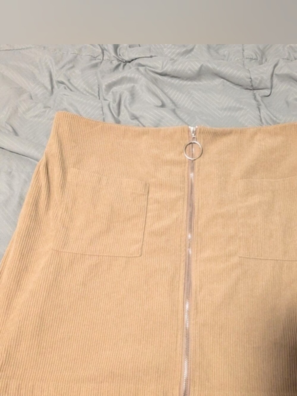 Corduroy Zip-Front Mini Skirt in Camel 2 Front Pockets